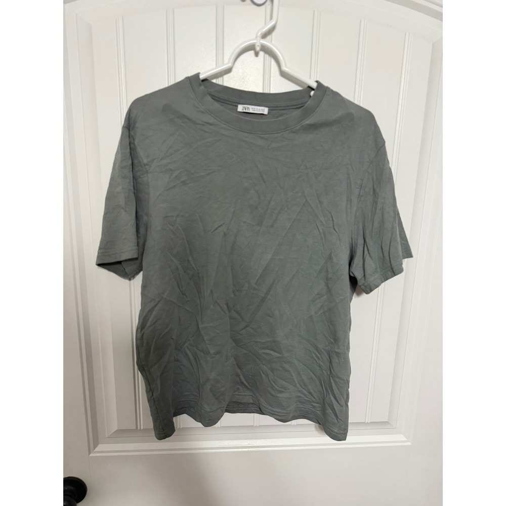 Zara T-Shirt Mens Medium Sage Green Short Sleeve Cotton Crew Neck Basic EUC
